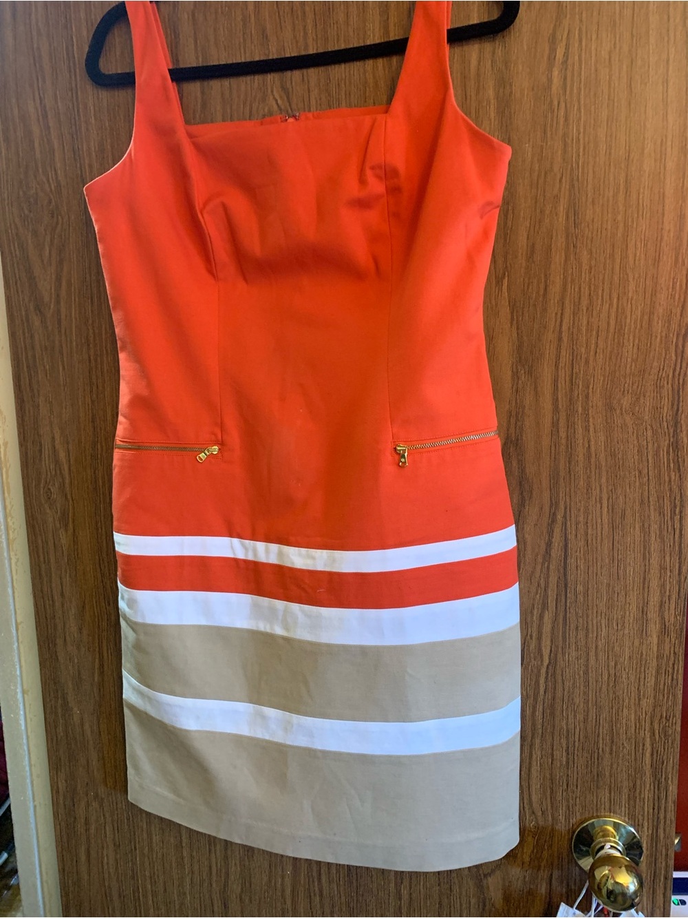 Sleeveless Orange and Beige Striped Sheath Dress